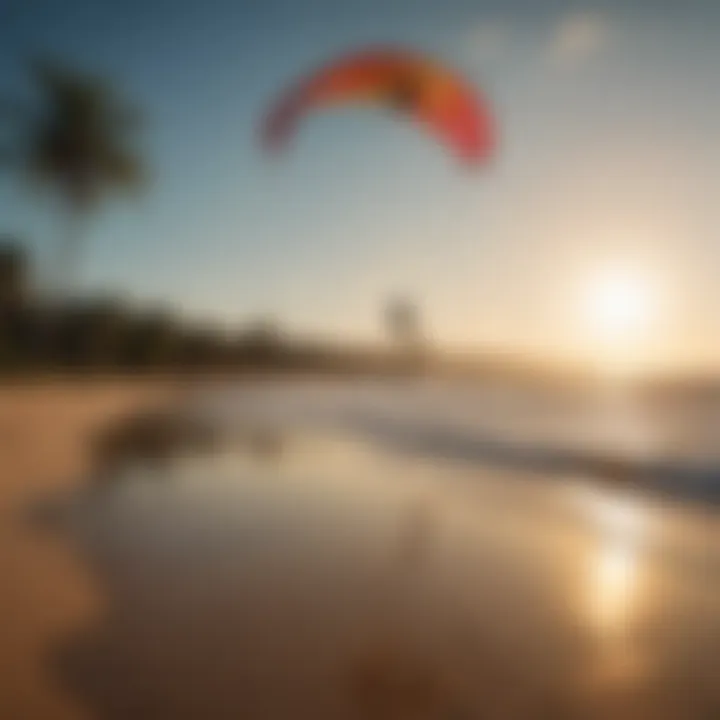 Kite flying over a vibrant beach with water sports enthusiasts