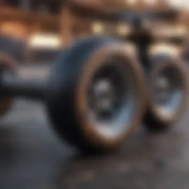 Close-up of skateboard wheels and deck for new skaters