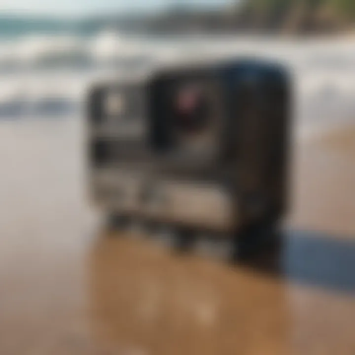 Close-up of a durable surf camera on a beach