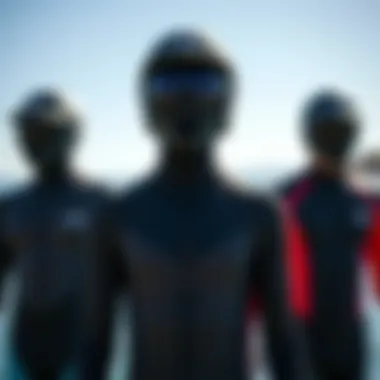 Diverse Materials and Styles of Front Zip Wetsuits An array of wetsuits in various materials and styles displayed together