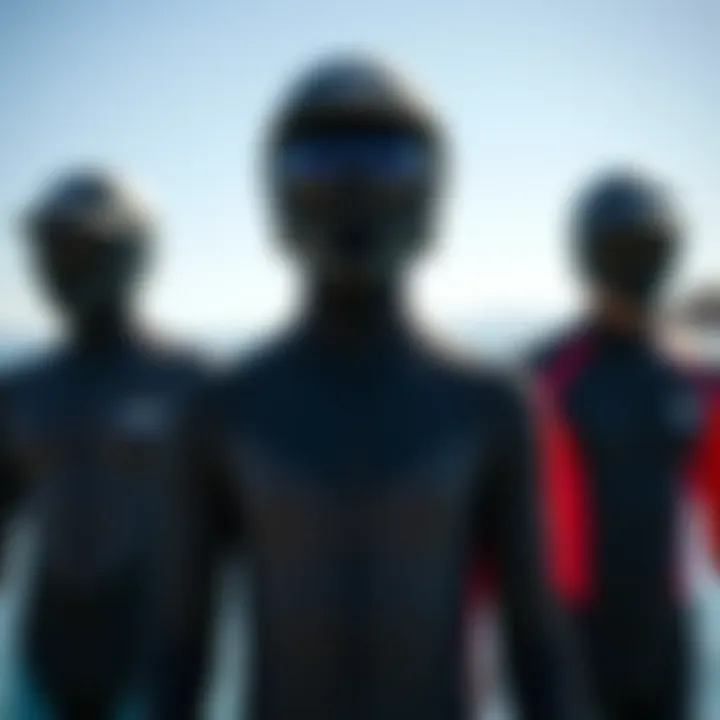 Diverse Materials and Styles of Front Zip Wetsuits An array of wetsuits in various materials and styles displayed together