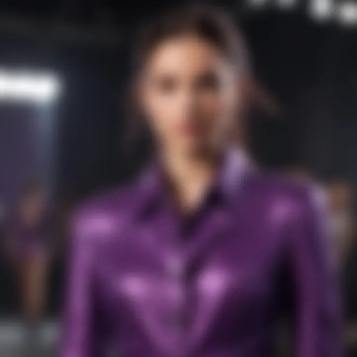 An artistic depiction of the color purple in a modern fashion runway, highlighting elegant designs and dramatic lighting.