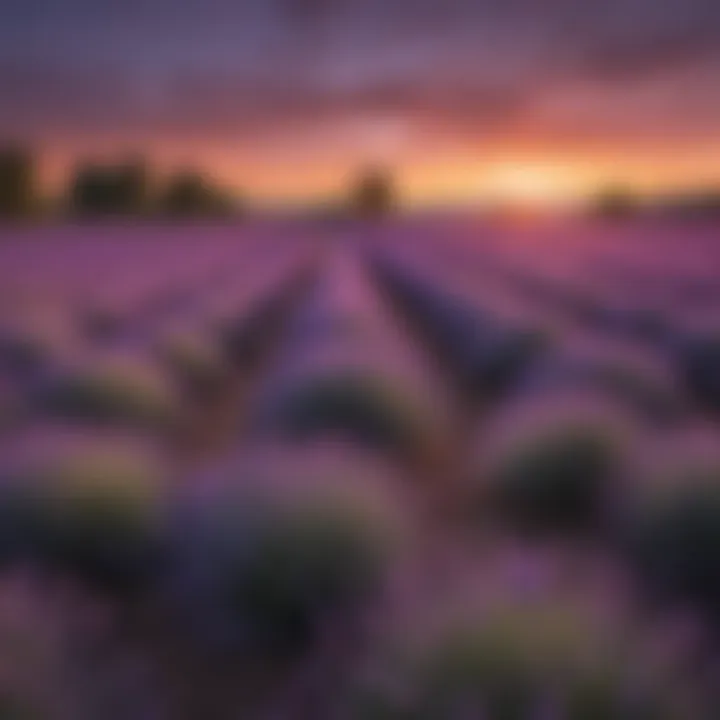 A vibrant representation of purple hues in nature, showcasing a field of lavender under a twilight sky.