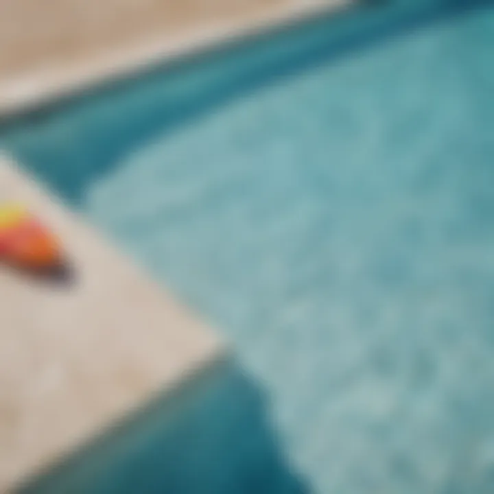 A colorful pool surfboard resting on the edge of a vibrant swimming pool