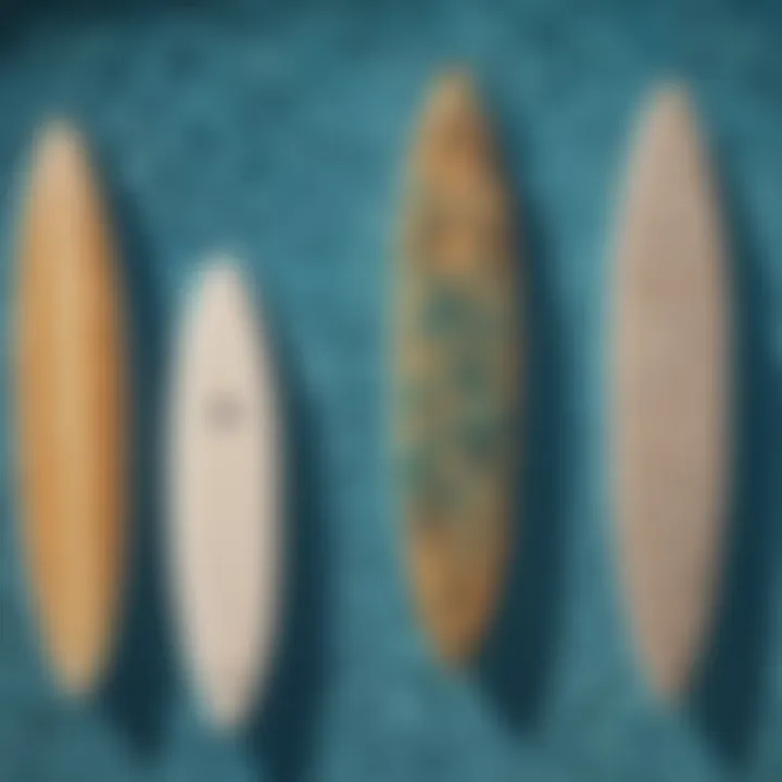 An array of different pool surfboard designs displayed creatively