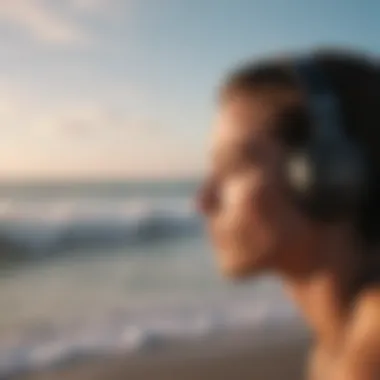 A serene beach scene with headphones and a surf soundtrack playing