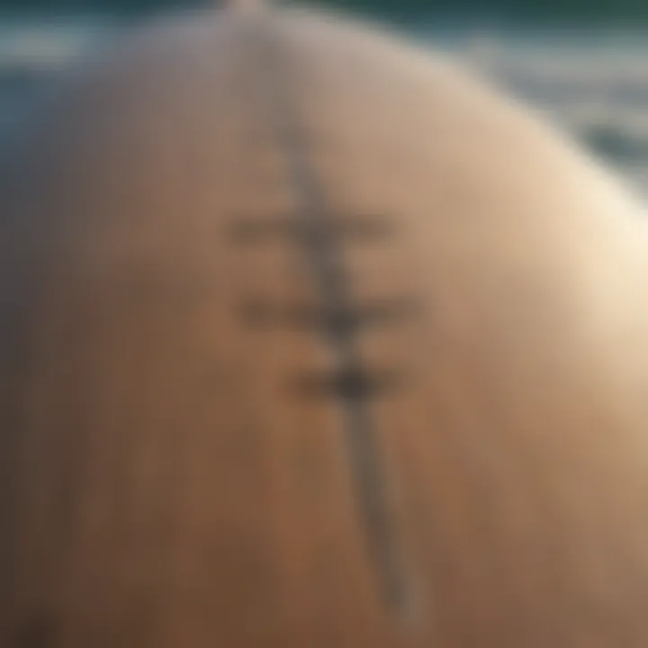 A close-up of a vintage surfboard adorned with musical notes