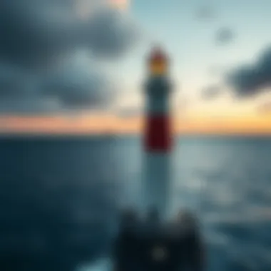 Aerial View of Coastal Lighthouse An aerial view of a coastal lighthouse guiding ships in the distance
