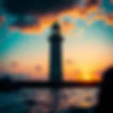 Historic Lighthouse at Sunset A historic lighthouse standing tall against a vibrant sunset