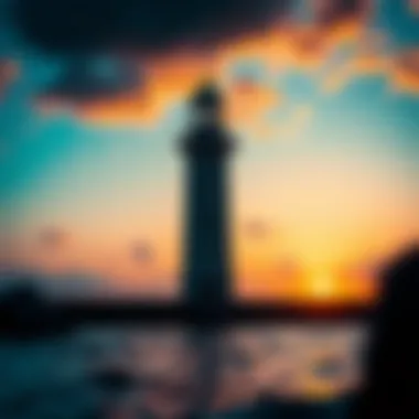 Historic Lighthouse at Sunset A historic lighthouse standing tall against a vibrant sunset