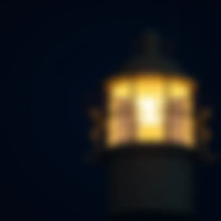 Modern Lighthouse Lamp at Night A close-up of a modern lighthouse lamp glowing brightly at night