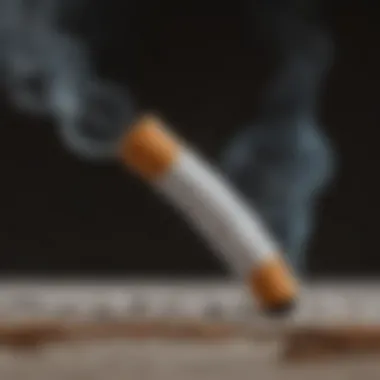 A close-up of a cigarette with smoke curling upwards, symbolizing health risks.