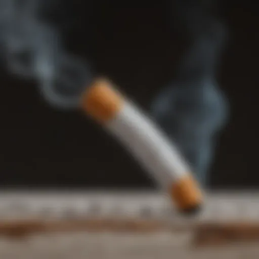 A close-up of a cigarette with smoke curling upwards, symbolizing health risks.