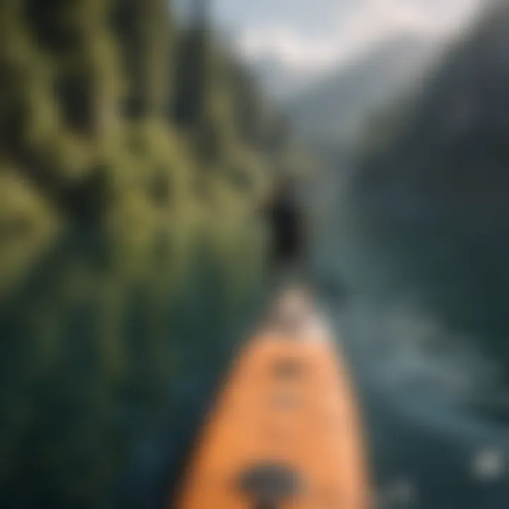 A scenic landscape of a paddleboarder on a tranquil lake