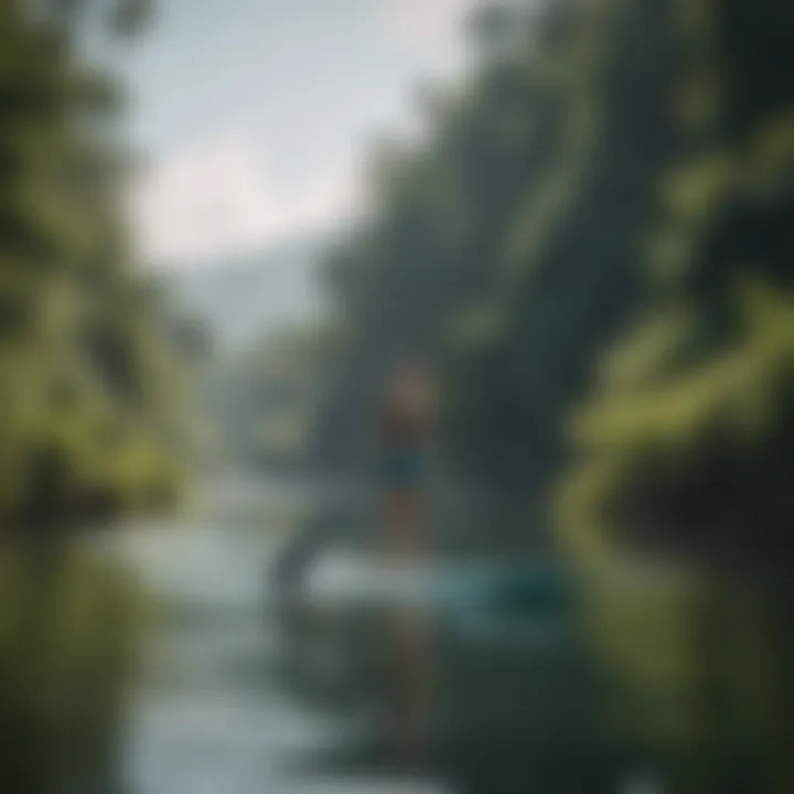 Paddleboarder cruising along a tranquil river surrounded by lush greenery