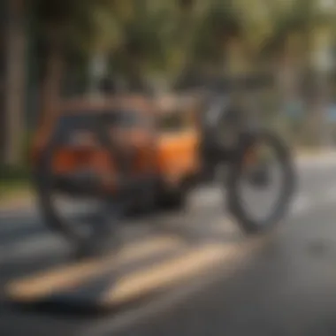 An organized transport setup featuring bicycles alongside surf and longboards