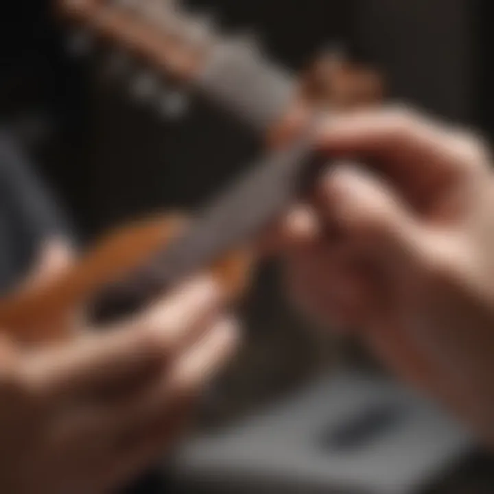 Illustration of ukulele strings being adjusted by hand