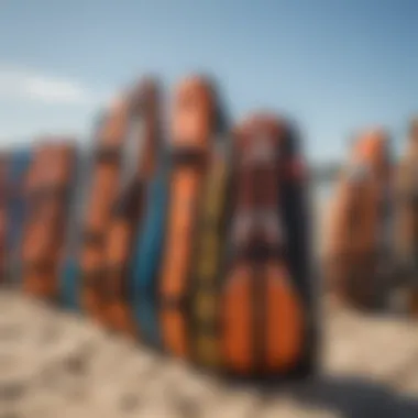 An array of different types of kiteboard life jackets showcased on a sunny beach.