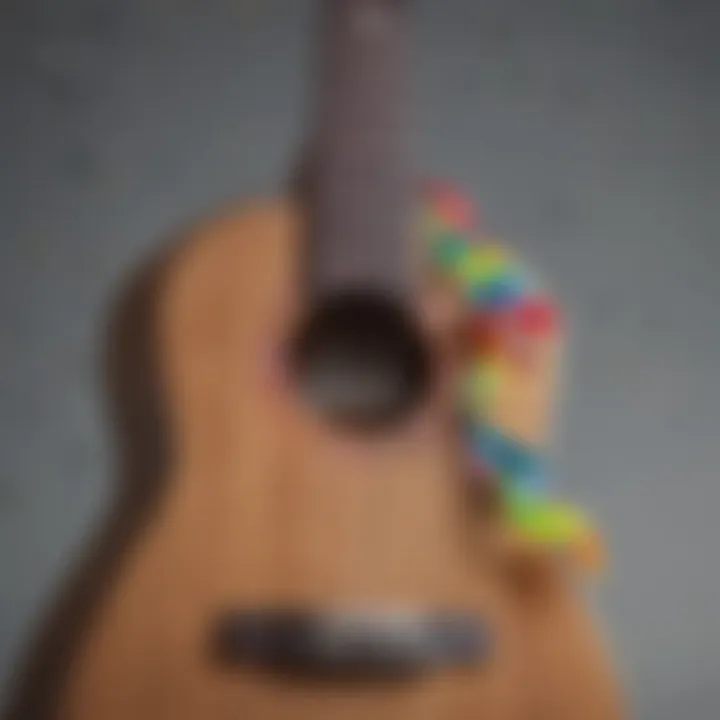 Creative illustration of ukulele strings transforming into colorful ribbons in the wind