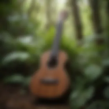 Artistic interpretation of a lush tropical forest with ukulele strings intertwined