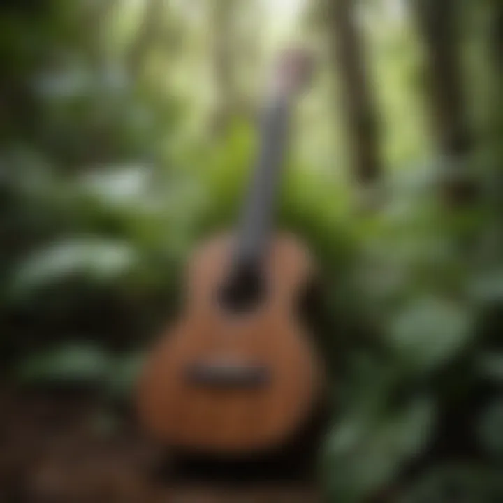 Artistic interpretation of a lush tropical forest with ukulele strings intertwined