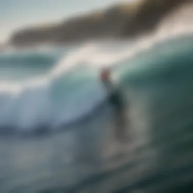 Surfer riding a powerful wave next to the boat