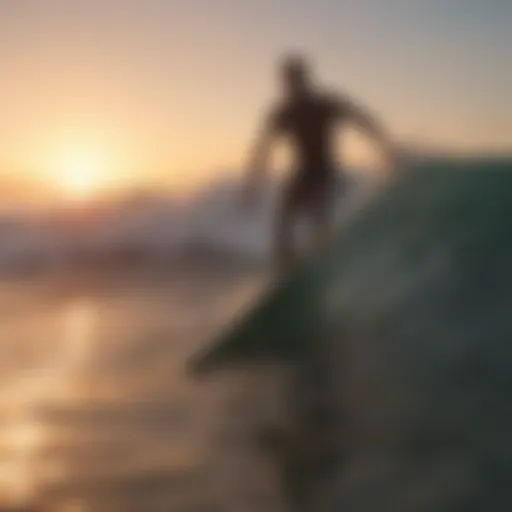 Surfer catching a wave at sunset