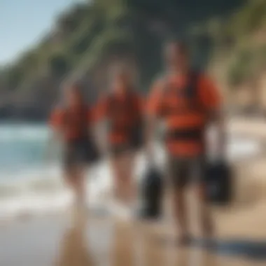 A group of watersports enthusiasts happily carrying their prolite smuggler bags on a beach