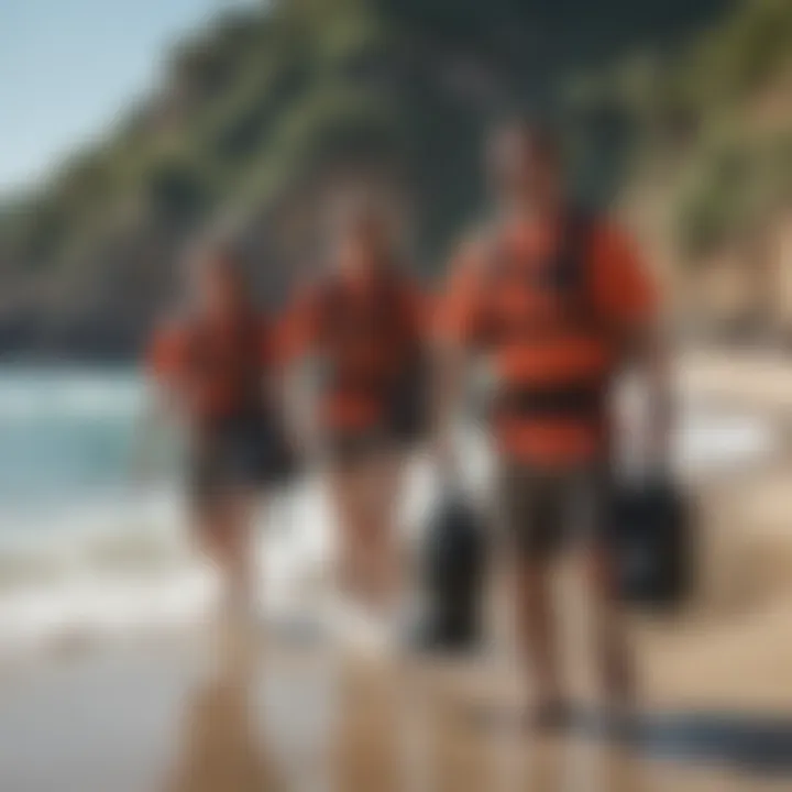 A group of watersports enthusiasts happily carrying their prolite smuggler bags on a beach