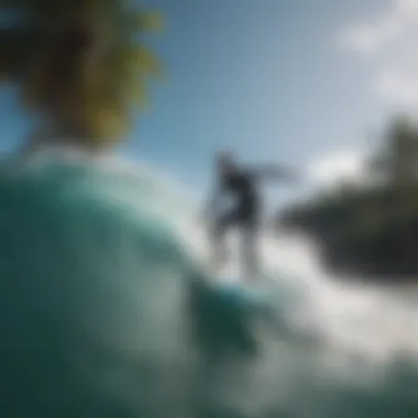 Aerial view of surfers riding waves in a tropical paradise