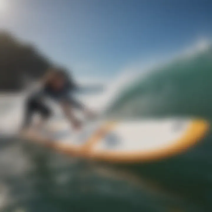 Experienced surfer demonstrating the performance of a soft top surfboard in the water.