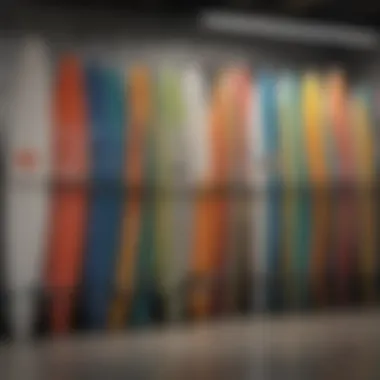 An array of soft top surfboards displayed on a rack, showcasing different colors and styles.