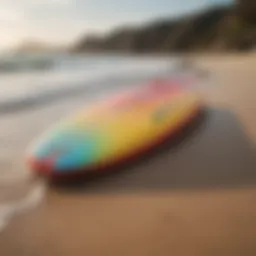 A vibrant 7-foot soft top surfboard on the beach with waves in the background.