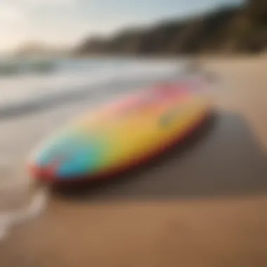 A vibrant 7-foot soft top surfboard on the beach with waves in the background.