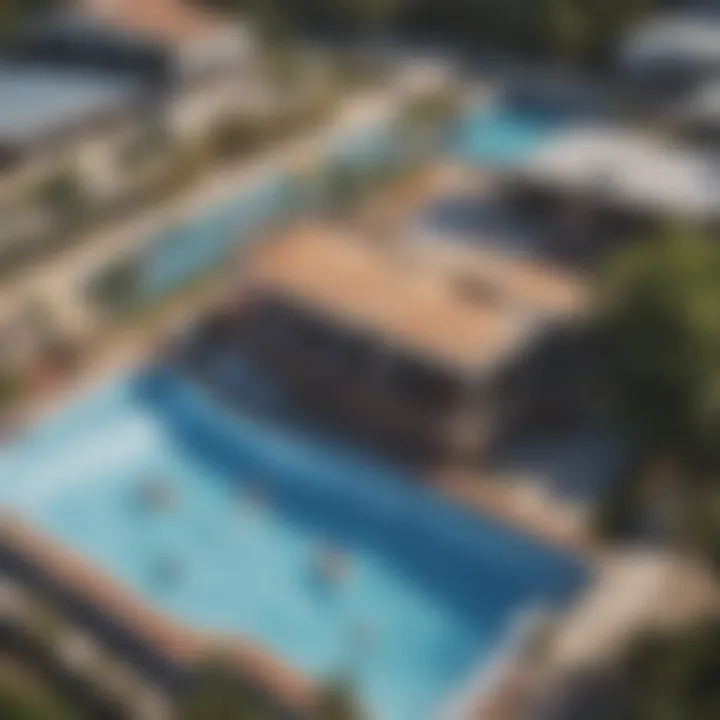 An aerial view of a water sports facility featuring a Flowrider attraction.