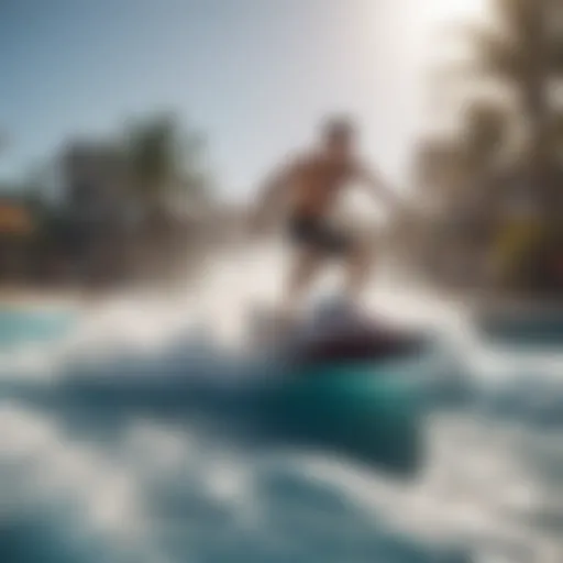 A Flowrider machine in action, showcasing riders surfing the artificial wave.