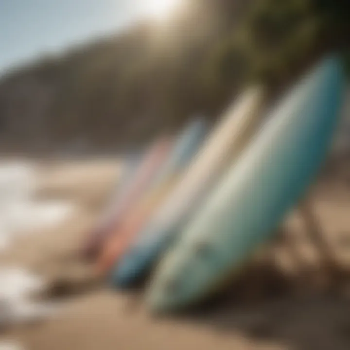 An array of foamy surfboards of different shapes and sizes displayed on a beach