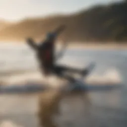A kiteboarder executing a perfect landing on the beach.
