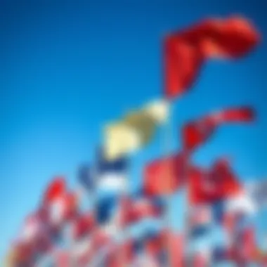 Race Committee Flags Display A vibrant display of race committee flags fluttering against a blue sky