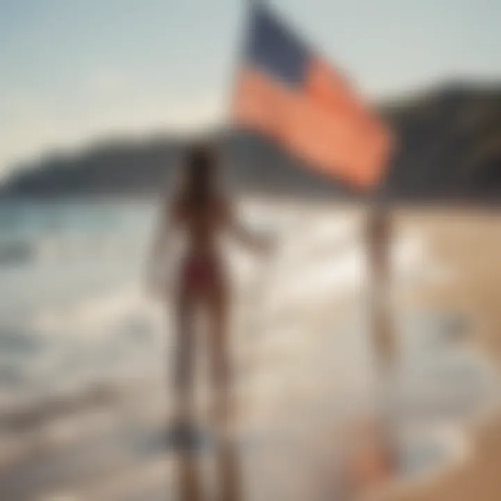 Watersport enthusiasts observing flag signals on the beach