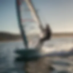 A close-up view of a windsurfer navigating starboard tack