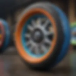 Close-up view of street skate wheels showcasing different colors and designs.