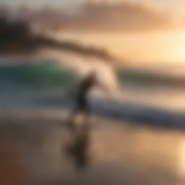 Surfers skillfully navigating through a surf patch during a vibrant sunset.