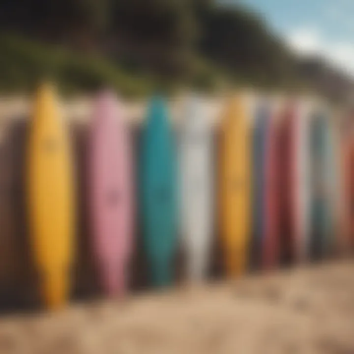 An array of surfboard bags in various styles and materials displayed on a beach.