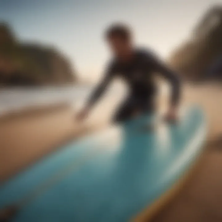 A surfer securing their board in a travel bag before heading to the beach.