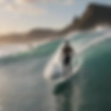 Surfers waiting for the perfect wave with wind instruments nearby