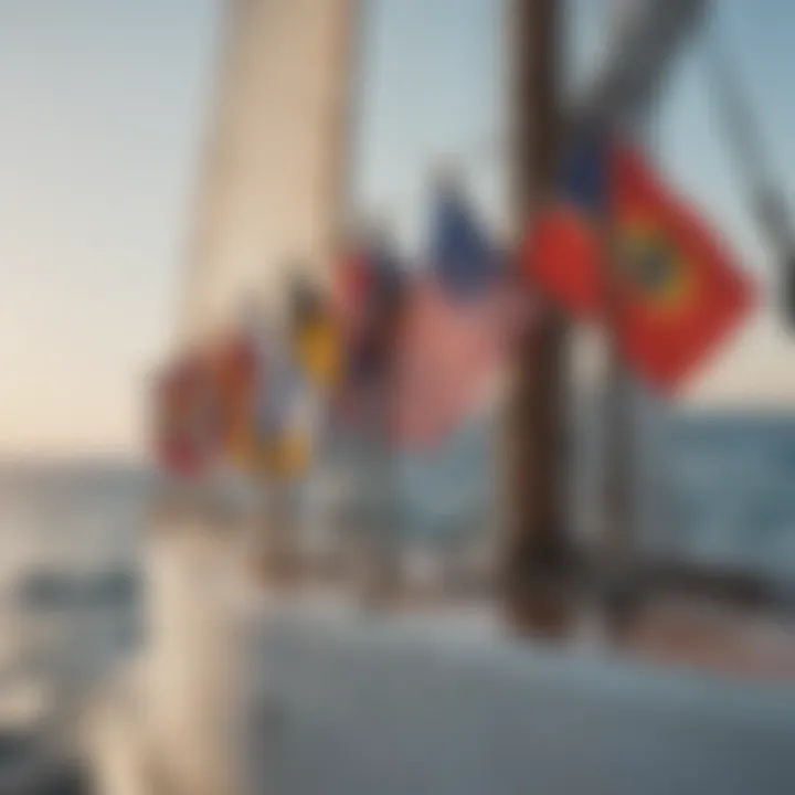 A collection of nautical flags displayed on a sailboat