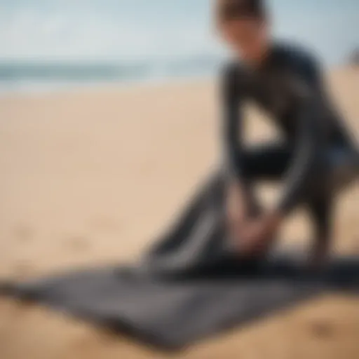 Close-up of a high-quality wetsuit changing towel on a sandy beach