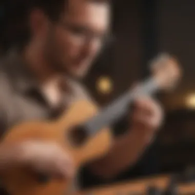 A musician adjusting the strings of a ukulele while checking the tuning.