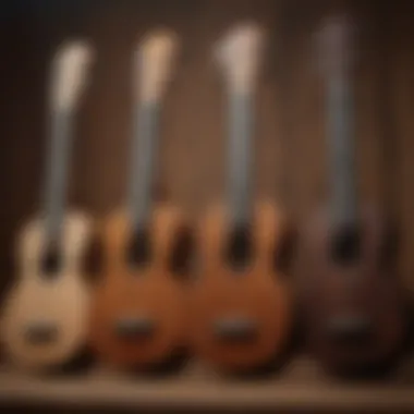 An array of different types of ukulele tuners displayed on a wooden surface.